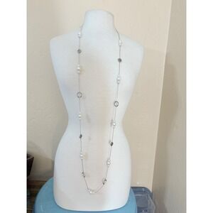 Silver‎ Tone Faux Pearl and Crystal Long Station Necklace Filigree Accents